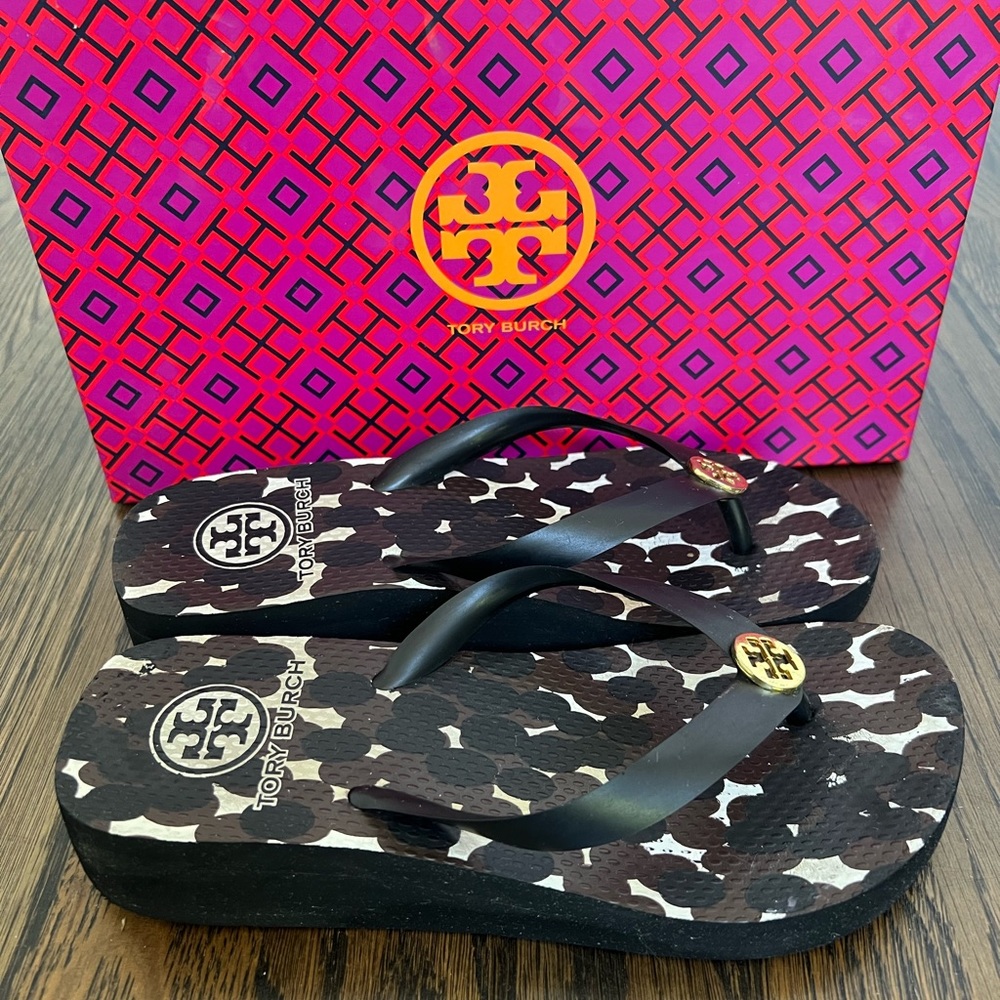 Tory Burch wedge flip flops, black, size 6.5